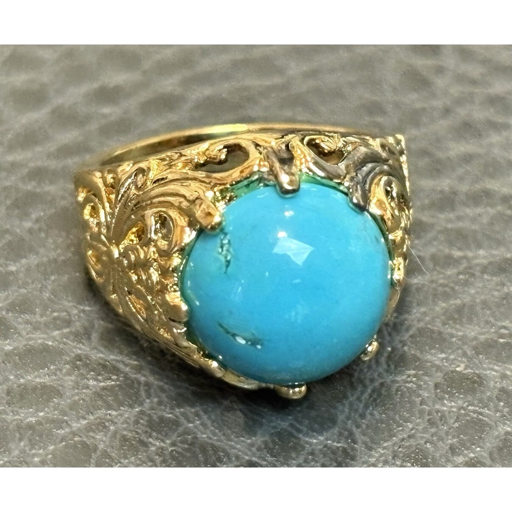 UTC Sterling Silver 925 Ornate Vermeil Ring Turquoise Color Cabochon Size 6